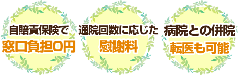 窓口負担は0円、通院回数に応じた慰謝料、病院との併院、転医も可能